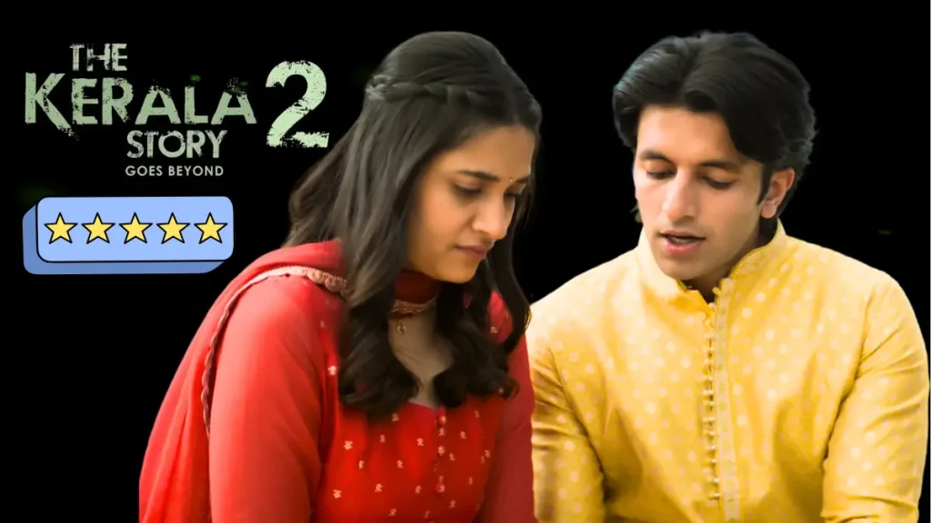 The Kerala Story 2 Goes Beyond promotional image: Indian woman in red lehenga and man in yellow kurta sharing emotional moment