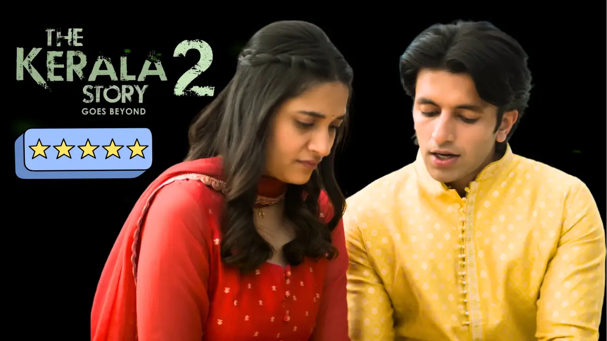 The Kerala Story 2 Goes Beyond promotional image: Indian woman in red lehenga and man in yellow kurta sharing emotional moment