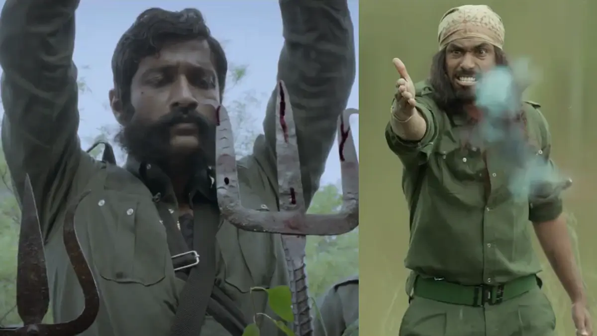 Veerappan The Bandit King web series: fierce bandit with trident and aggressive point in green uniform, intense action pose