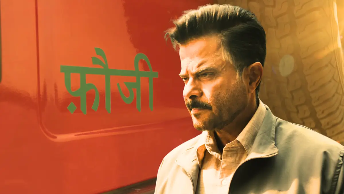Subedaar movie poster: Anil Kapoor as fierce retired Subedaar Arjun Maurya in front of red truck with Fauji text, intense action drama expression