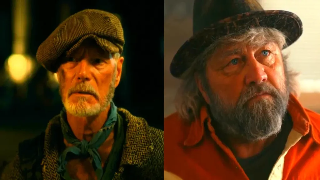 Hellfire 2026 movie scene: Stephen Lang as grizzled drifter in flat cap, intense expression in dim light