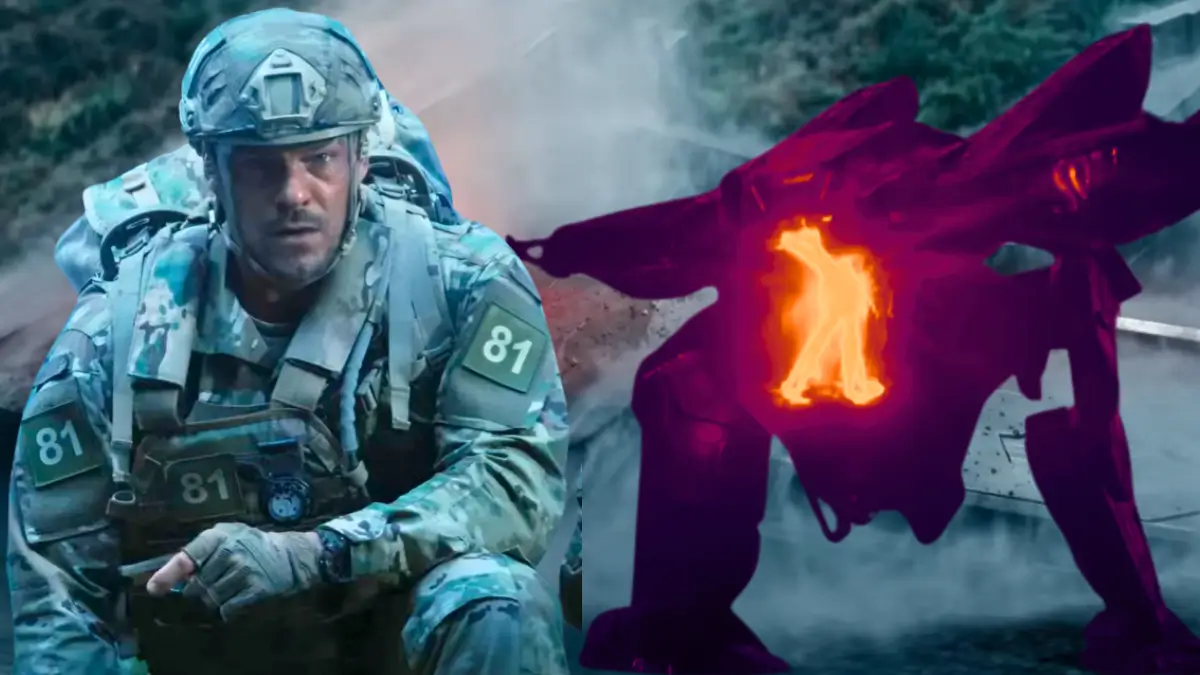 Alan Ritchson as soldier facing giant fiery war machine in Netflix's War Machine 2026 sci-fi action poster