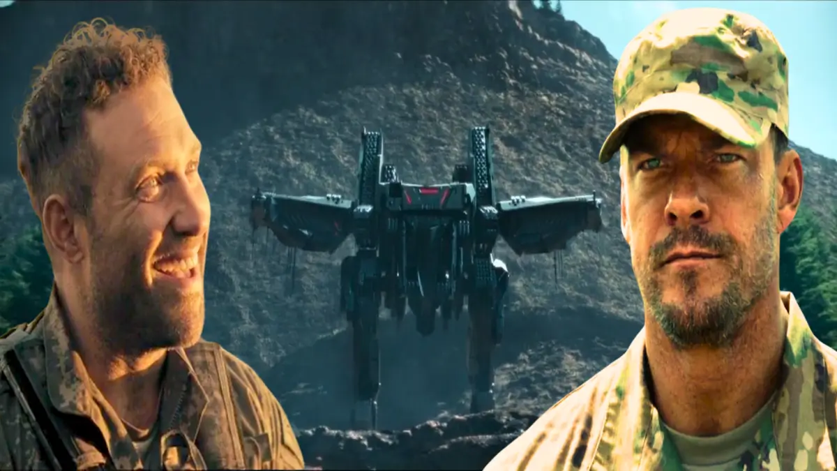 War Machine movie scene: Josh Brolin and soldier with giant futuristic mech walker in rocky battlefield, intense military sci-fi action