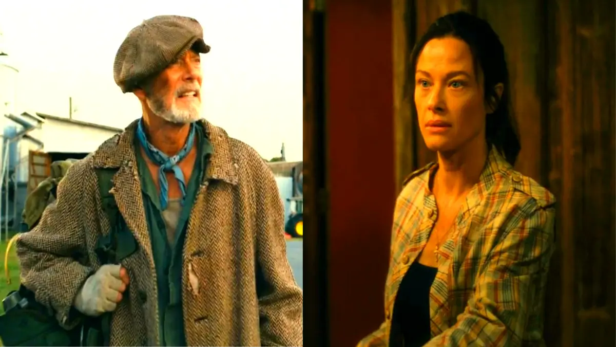 Hellfire 2026 movie scene: Stephen Lang as drifter in flat cap and Scottie Thompson in plaid shirt, rural farm setting