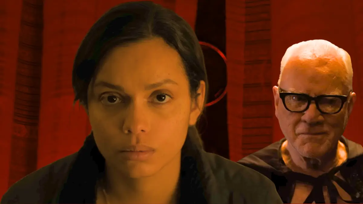 Psycho Killer 2026 movie scene: Georgina Campbell and Malcolm McDowell in tense confrontation, red-lit room with occult symbol