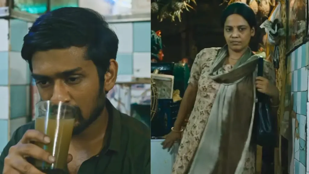 Indian man sipping sugarcane juice in street shop while woman in saree stands with serious expression, emotional moment in dhaba-like setting