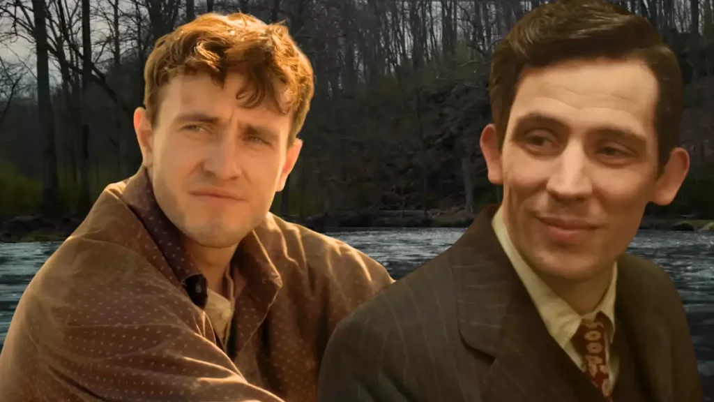The History of Sound movie scene: Paul Mescal and Josh O'Connor by river in forest, emotional period romance moment