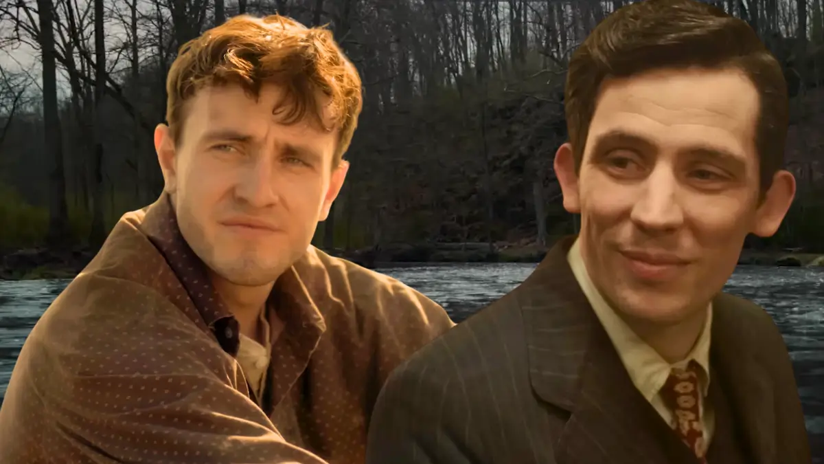 The History of Sound movie scene: Paul Mescal and Josh O'Connor by river in forest, emotional period romance moment