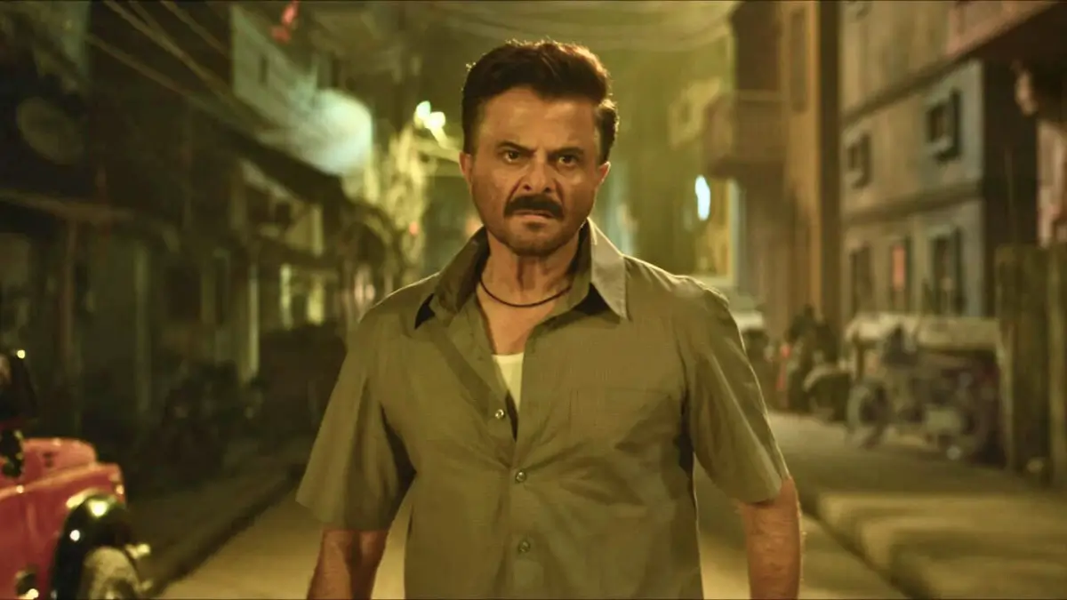 Subedaar movie scene: Anil Kapoor as retired Subedaar standing fiercely in narrow street alley, intense action drama look
