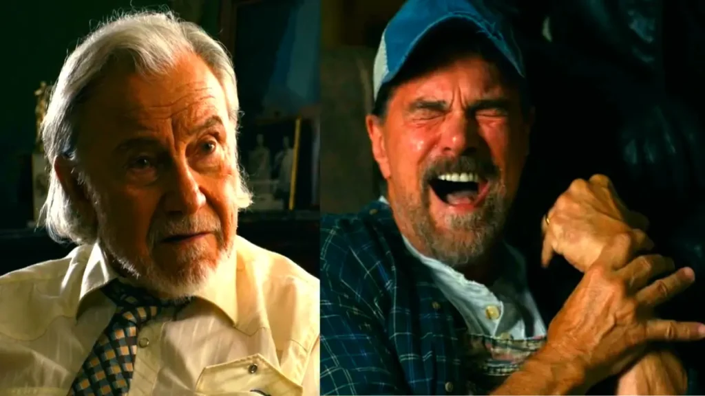 Hellfire 2026 movie scene: Harvey Keitel as crime boss and Dolph Lundgren as corrupt sheriff, intense villain confrontation